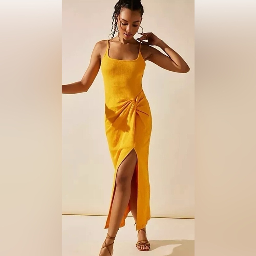 Free People Allure Maxi Dress Smock Fit Sleeveless Yellow Gold Size Small